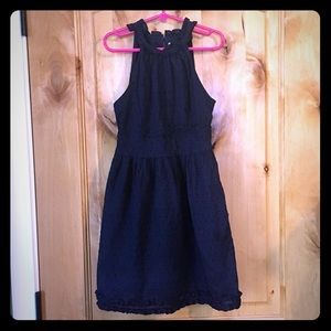 INDIGO REIN Drk Blue Swiss Dot Rffld Dress EUC 10